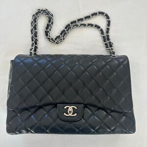 Authentic Chanel Black Jumbo Lambskin Classic Flap Bag 2009 Silver Hardware